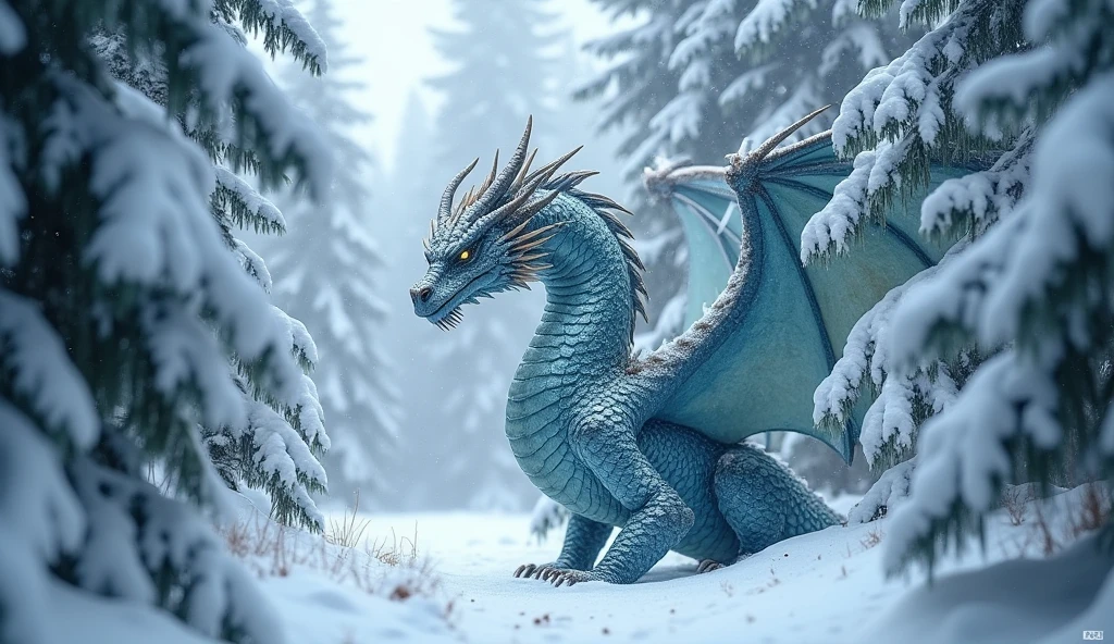 Beautiful art style，dragon，8K,Great scene，The cold northern forest，winter，Snow Scene，Heavy snow