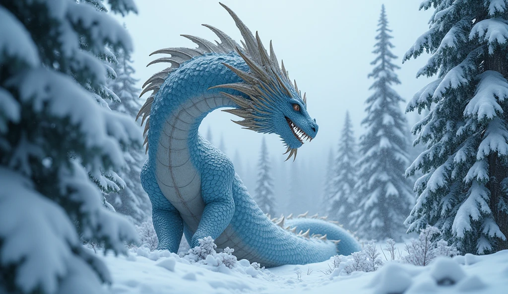 Beautiful art style,dragon,8K,Great scene,The cold northern forest,winter,Snow Scene,Heavy snow