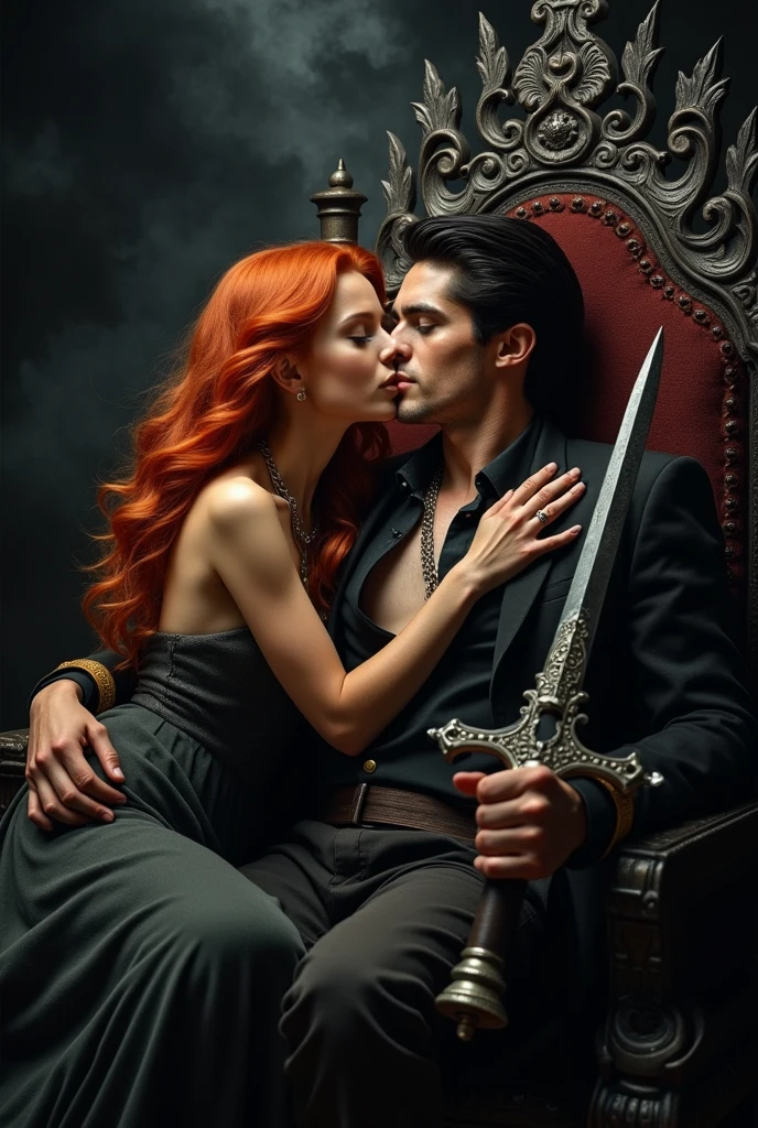 A red-haired girl with wavy hair, tanned skin, and hazel green eyes, with a voluptuous body, embraces a black-haired, tanned boy with brown eyes who is sitting on a throne holding a weapon. They are kissing. (The place is set against a black background with grey.