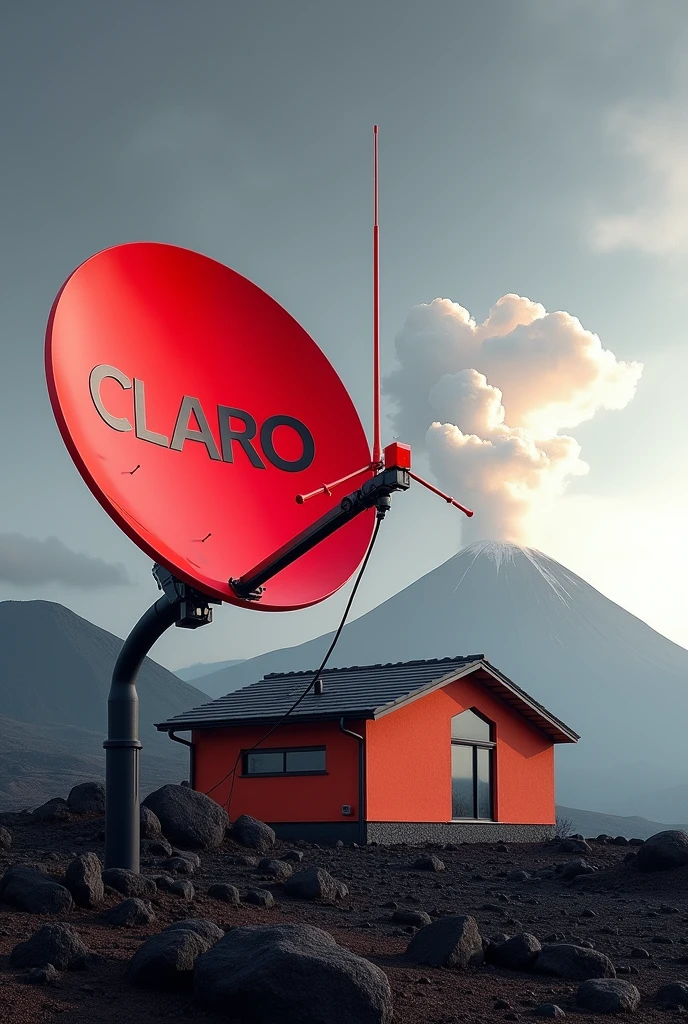 Image for an advertisement of home satellite antennas, with red colors, black and white with a landscape background with volcanoes and the antenna being red, that the antenna is placed on a house and that the antenna contains the letters CLARO with 3 lines in the O simulating the O being a sun