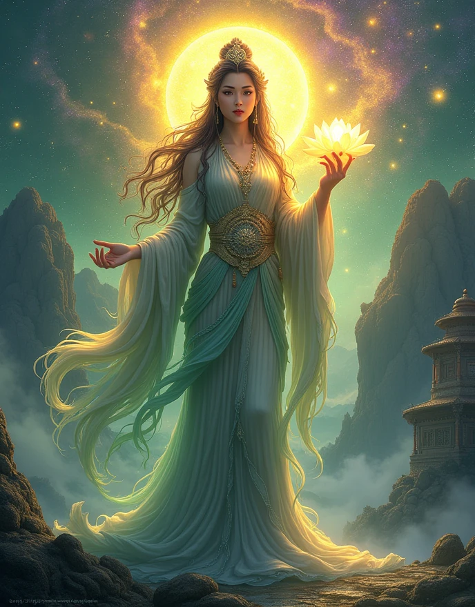 (Goddess of Cultivation:1.4), depicted in a majestic and mystical art style, (the goddess exudes an aura of serenity and wisdom, with flowing robes that shimmer like the night sky:1.2), (her hair cascades like a waterfall, with strands that glow with the essence of nature and spirit:1.2), (she holds a radiant lotus in one hand, symbolizing purity and spiritual growth:1.2), (her other hand forms a mudra, channeling the energy of the earth and heavens:1.2), (around her, a vibrant aura of qi energy swirls, manifesting in ethereal colors of green, gold, and purple:1.2), (her eyes reflect the cosmos, filled with the mysteries of cultivation and the path to enlightenment:1.2), (background features ancient temples and sacred mountains, shrouded in mist and illuminated by the light of countless stars:1.2), (perfect image quality:1.4), (intricate details in her robes and accessories, capturing the essence of her divine power:1.2), (the overall image conveys a sense of peace, power, and the infinite potential of the spiritual journey:1.2)