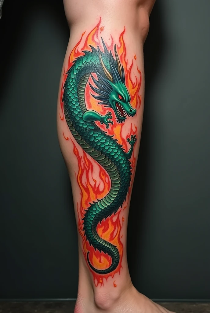 Tattoo on the shin of a dragon with realistic fire