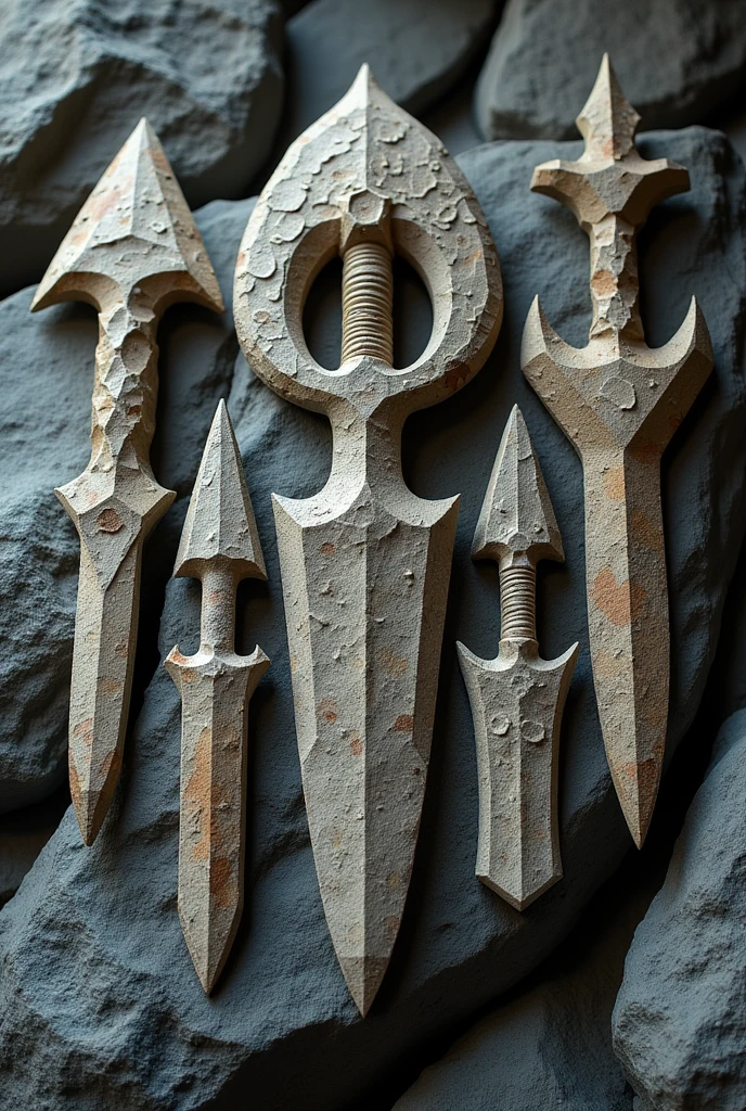 SHURIKENS and DAGGERS made entirely of STONE (no humans and no landscape) with a rocky appearance