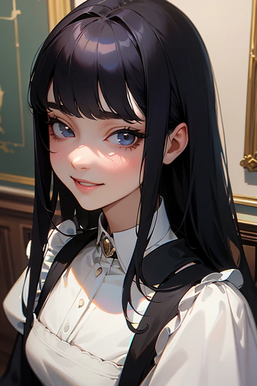 (Highest Resolution, clear_image) Highest quality, single, One woman, alone, masterpiece, Very detailed, Semi-realistic, Black Hairのショートヘア, Black Hair, bangs, 18-year-old, mature, Light blue , Indoor Background, kind, Authoritative, Powerful, exquisite features, exquisite features、Eyelashes become longer、Showing teeth、smile😀、Maid clothes、woman&#39;Fingers in the、Sleeping on the sofa、Long Hair、Fluttering in the wind、((Drinking wine)).