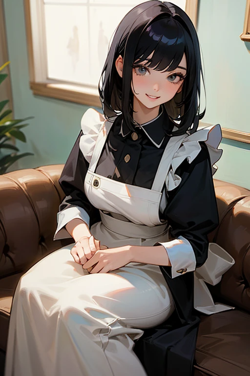 (Highest Resolution, clear_image) Highest quality, single, One woman, alone, masterpiece, Very detailed, Semi-realistic, Black Hairのショートヘア, Black Hair, bangs, 18-year-old, mature, Light blue , Indoor Background, kind, Authoritative, Powerful, exquisite features, exquisite features、Eyelashes become longer、Showing teeth、smile😀、Maid clothes、woman'Fingers in the、Sleeping on the sofa、Long Hair、Fluttering in the wind、((Drinking wine)).