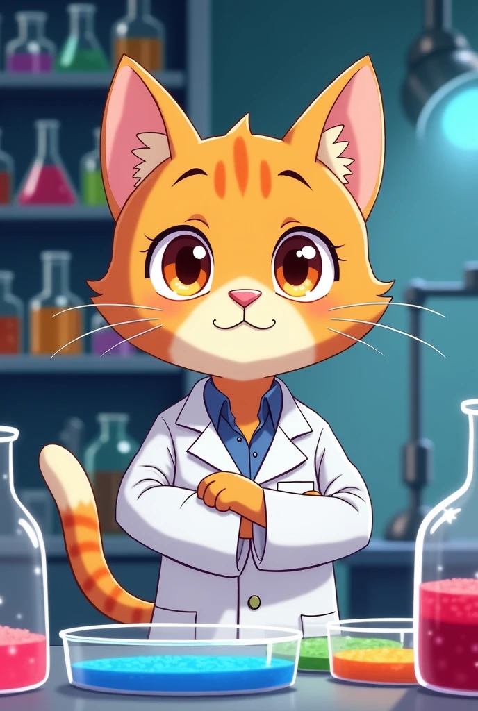 Generate me a male orange tabby cat, in the microbiology area ,that Hector wears his lab coat, like an anime