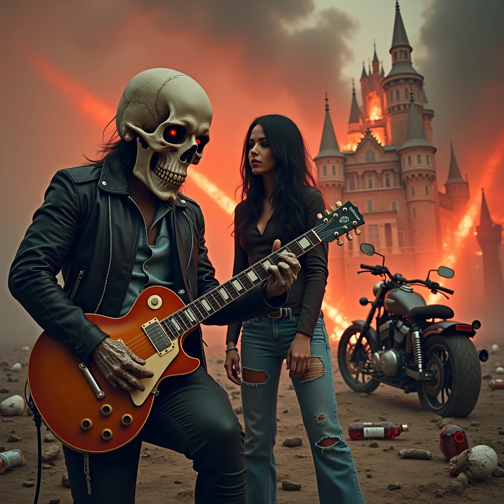 a full-length skull playing a les paul guitar to a woman with a skull head and long black hair wearing a leather jacket and jeans as the world ends, red rays falling from the sky giving a tone of chaos to the image, with a castle on fire in the background and a Harley Davidson motorbike on the side, a broken whiskey bottle on the floor
