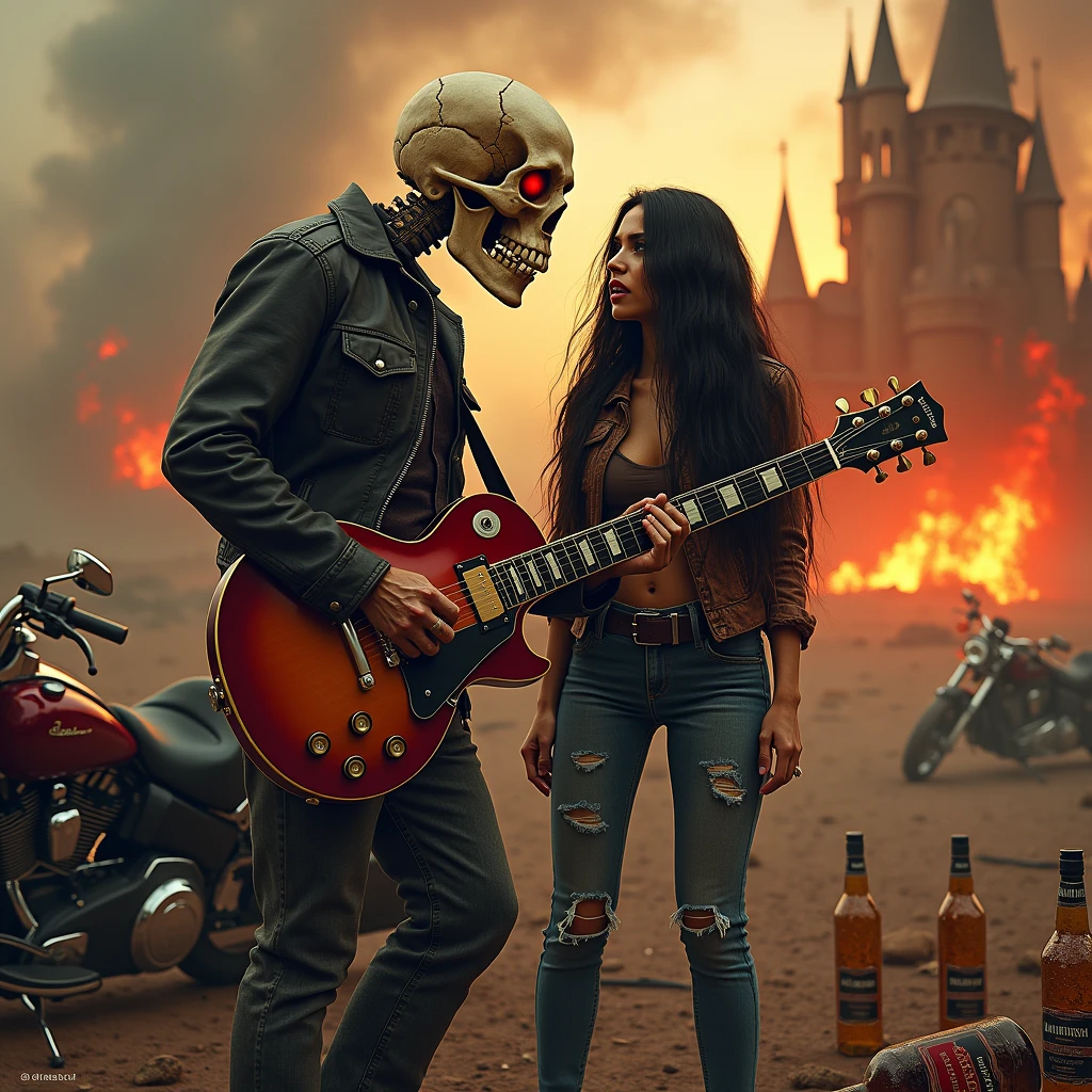 a full-length skull playing a les paul guitar to a woman with a skull head and long black hair wearing a leather jacket and jeans as the world ends, red rays falling from the sky giving a tone of chaos to the image, with a castle on fire in the background and a Harley Davidson motorbike on the side, a broken whiskey bottle on the floor
