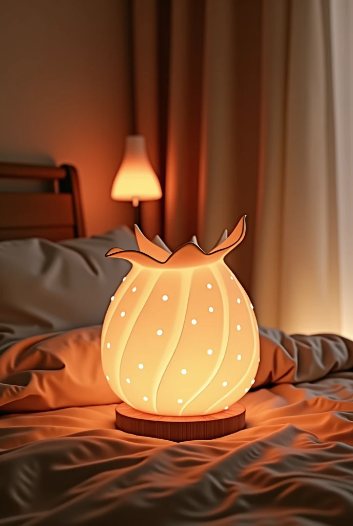 Minimalist and cozy design of a lamp inspired by the biological functions of a strawberry without taking on its shape. The lamp features small lights that concentrate when compressed and expand to create a more diffused light when pulled, making it perfect for a couple's room