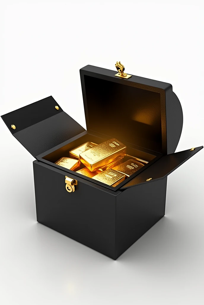 (masterpiece, top quality, best quality, official art,beautiful and aesthetic:1.2),(4k,8k, best quality,masterpiece:1.2),(((white background))), solo,Game item, black box in an open state, containing gold bars. It incorporates gangster elements, with a clear and accurate structure, modern realistic representation, consistent lighting, and natural believability.