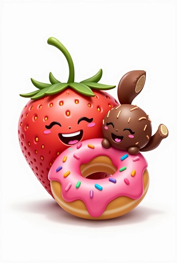 A happy smiling strawberry with a happy smiling pink donut and a cute chocolate candy smiling in the background on a completely white background