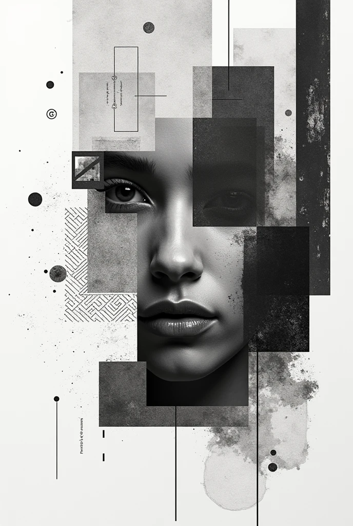 a collage of mixed media elements, abstract background, minimalistic, monochrome, graphic design, Creative composition, unique perspective, impressive visual impact, complex textures, bold lines, geometric forms, clean aesthetics, Beautiful balance, Dynamic Layout, visually appealling