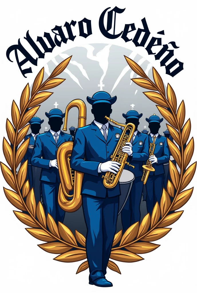 Create a logo for a marching band with woodwind instruments, brass and percussion with indigo colors, gray, White and gold, also it is inside a golden olive wreath and that above the logo says: Alvaro Cedeño Barahona Music Band