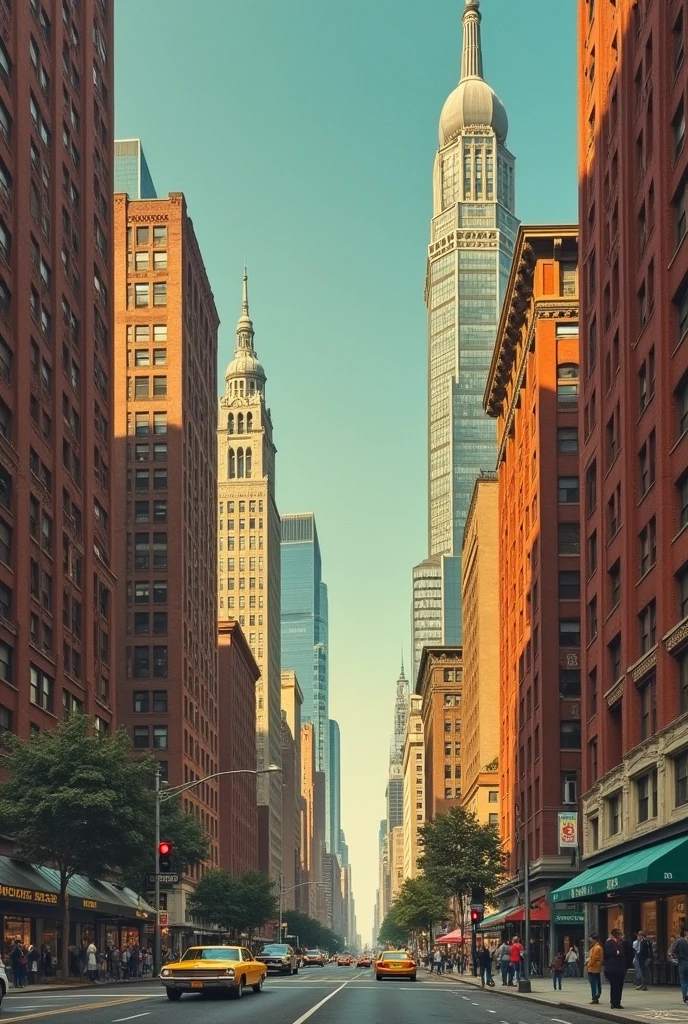 vintage painting of urban architecture downtown skyscrapers in the style of Norman McGrath
