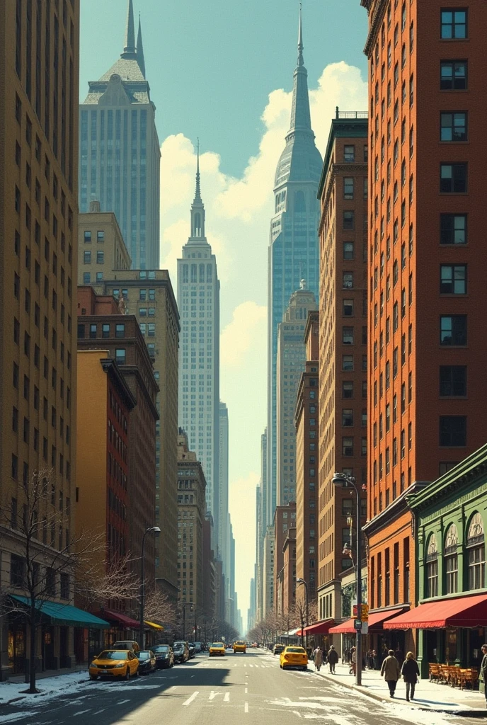 vintage painting of urban architecture downtown skyscrapers in the style of Norman McGrath 