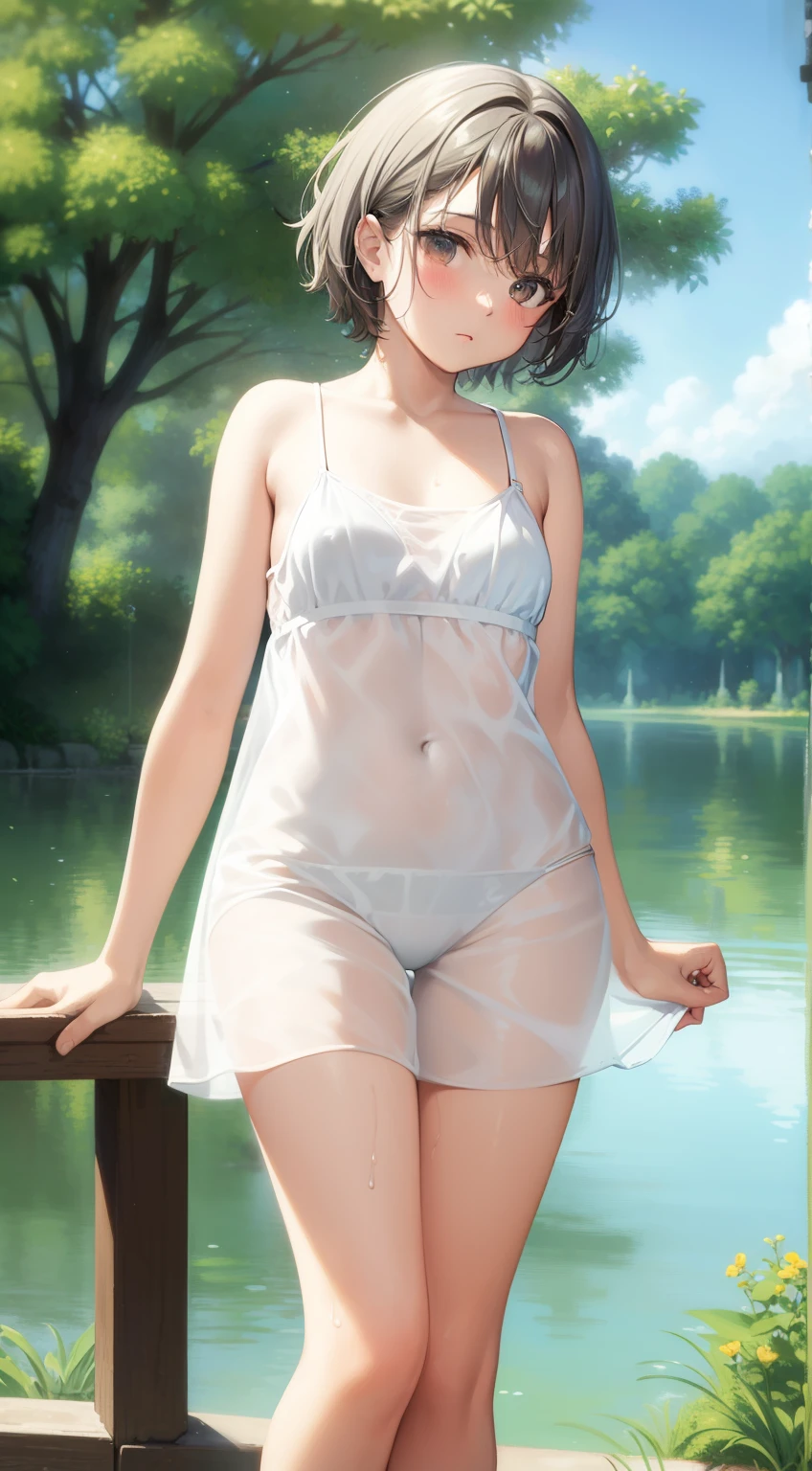 In Claude Monet style, Impressionism, 1girl, upper body focus, (white sheer camisole dress), 14 year old, full body Esbian, short silver hair, pond, wet, ((curtsey)), nipples through, see-through