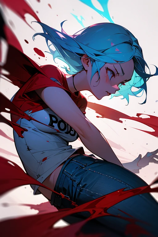 Create a dramatic and symbolic image of a 24-year-old woman with short, light blue hair, Bleeding out while wearing teenage clothing, like a t-shirt and jeans. Blood flows in a bright, surreal pattern. From the blood, A defiant red-haired figure emerges, partially formed. The scene should be partially censored to focus on the symbolic aspect without explicit details. Use cool colors for the young woman bleeding and warm colors for the emerging figure. The atmosphere must be mystical, with dramatic lighting and luminous blood.