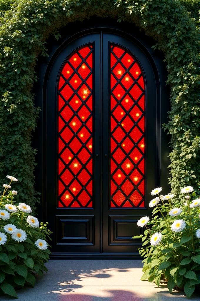 I want an image of a black door with a diamond-shaped grid in red, and at each vertex a white flower with a golden center.
