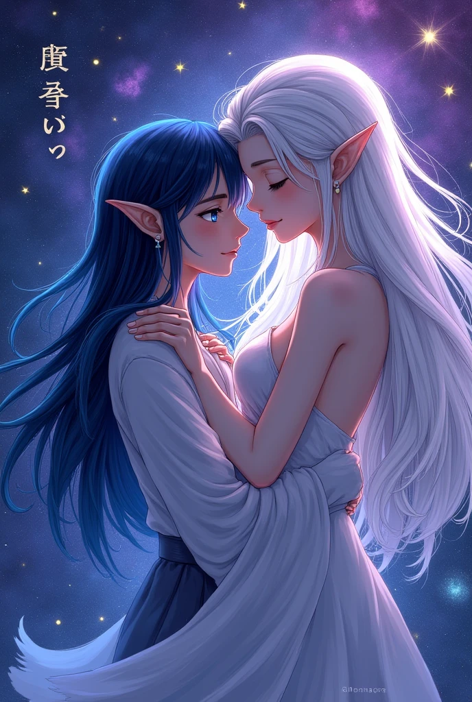 put the name: (The Eminent Divine Spirit), written in the drawing. Create a character, HUMAN TEENAGE MALE WITH NORMAL EARS with JAPANESE ANIME style drawing features, IN a cosmic environment, long black hair with a cobalt blue streak in one hair, cobalt blue eyes. holding/Embracing a busty adult elf with silver hair.