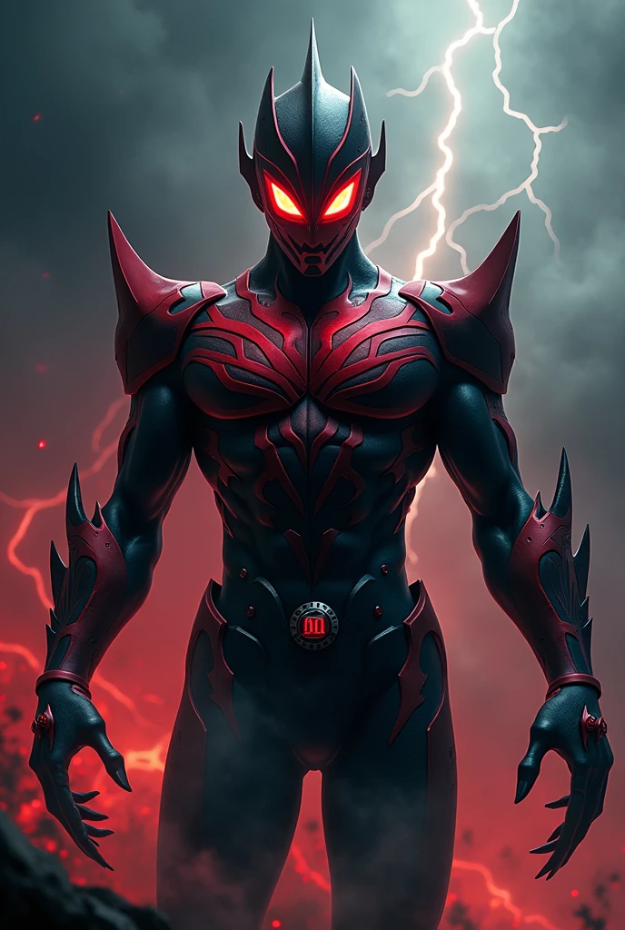 Ultraman、Black and red color scheme、Black as the base color with red pattern lines on the body、Muscle Body、Muscular all over、Gatai is good、whole body muscular、A large skeleton、villain、A menacing face、Face sharp、Eyes are very sharp and red、Sharp, upturned red eyes、A terrifying mask、Long, sharp claws、Magnificent claws、Muscular々、Fall into Darkness、Final Boss、Charisma、Cold、Dark Aura、A hard, strong body、A robust body、Armor-like texture、Atrocious、A small red round color timer on the chest、RAW Photos