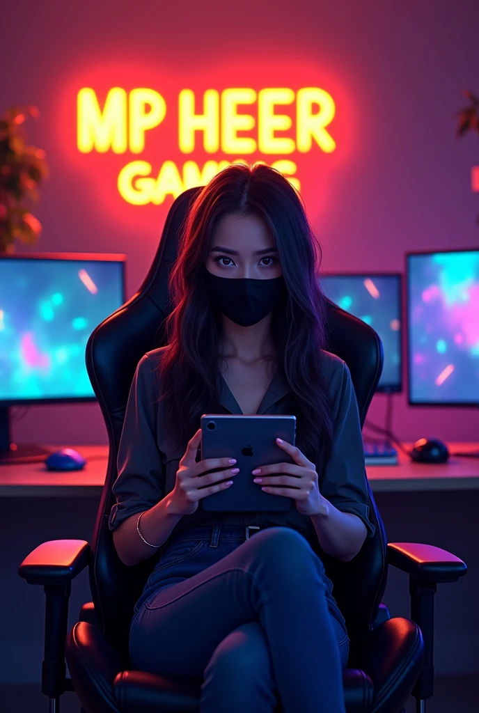 Create a digital illustration of a young woman sitting in a modern gaming setup. The woman has long, wavy dark hair and is wearing a black face mask. She is seated in a professional gaming chair, holding a tablet. The background features a dimly lit room with a neon sign that reads 'MP HEER GAMING' in glowing YELLOW text. The room also has gaming monitors displaying a game, with LED lights adding a colorful glow to the scene. The overall atmosphere should be tech-savvy and cozy, with a straight pose looking at me , women must be highlighted than background
