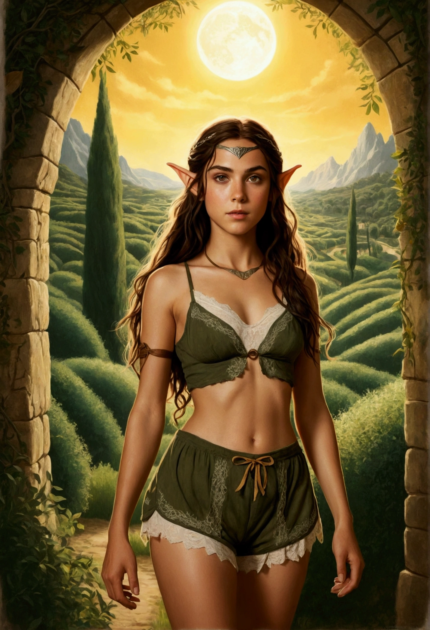 An illustrated movie poster, hand-drawn, full color, a teenage elven girl, wearing a lace bralette and bloomer shorts, tall, toned, athletic hourglass figure, long pointy elf ears, amber eyes, dark hair, long messy waves, deep sun-tanned skintone, freckles, standing in a sunny olive groves, wet clothes, graphite shading, stencil marks, airbrushed acrylic paint, masterpiece, in the style of the Lord of the Rings