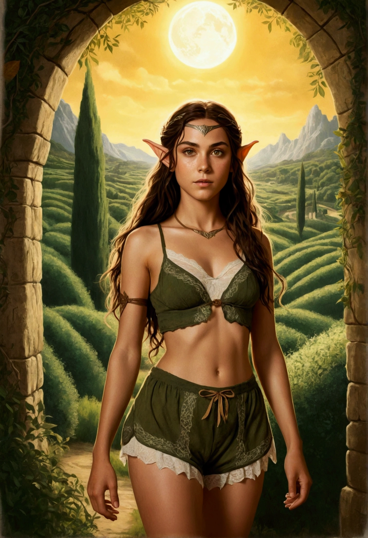 An illustrated movie poster, hand-drawn, full color, a age elven girl, wearing a lace bralette and bloomer shorts, tall, toned, athletic hourglass figure, long pointy elf ears, amber eyes, dark hair, long messy waves, deep sun-tanned skintone, freckles, standing in a sunny olive groves, wet clothes, graphite shading, stencil marks, airbrushed acrylic paint, masterpiece, in the style of the Lord of the Rings