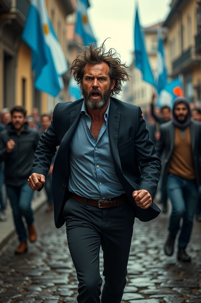 Create an image of Javier Milei, president of Argentina, escaping from an angry mob carrying Argentine flags, He has eyes of terror and panting expression