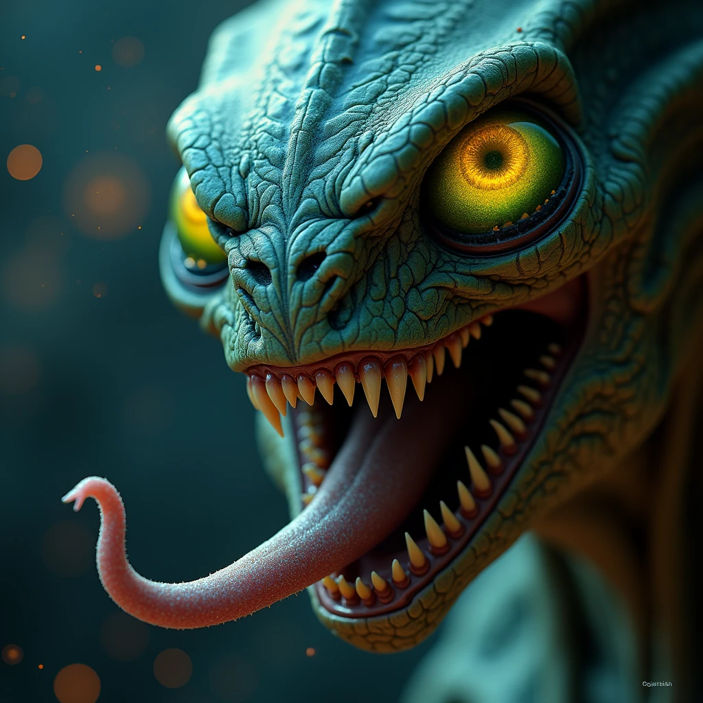 masterpiece , Best Quality, predator from another planet, close-up photo,  hungry and yellow and green eyes, mouth with drool, seductive tongue out, drops 8k uhd quality,
