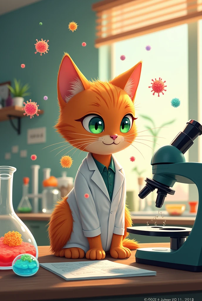  orange tabby male cat, observing bacteria  ,that Hector wears his lab coat, like an anime