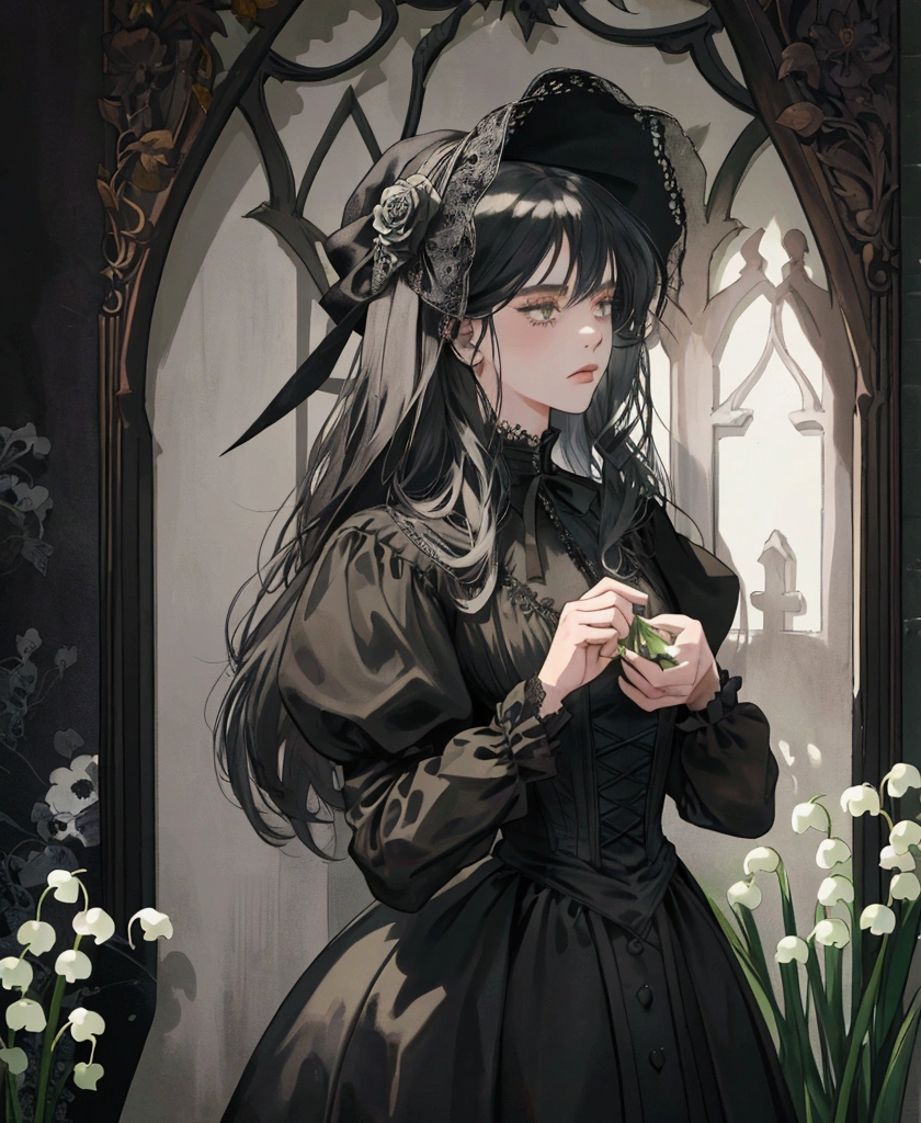 The girl in the gloomy Gothic Victorian house collects the flowers of a poisonous lily of the valley in a wicker basket.South Gothic.Witch.Evil and hatred, illustration, poster, fashion