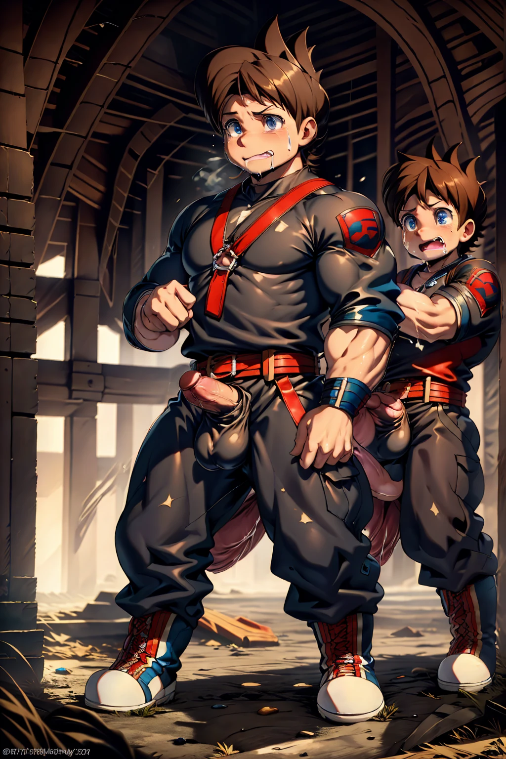 Huge muscles,Crying face,Lots of drool and sweat,Harness,Young face,ager face,Huge penis,Full body image,Young body,Muscular legs,Wearing boots