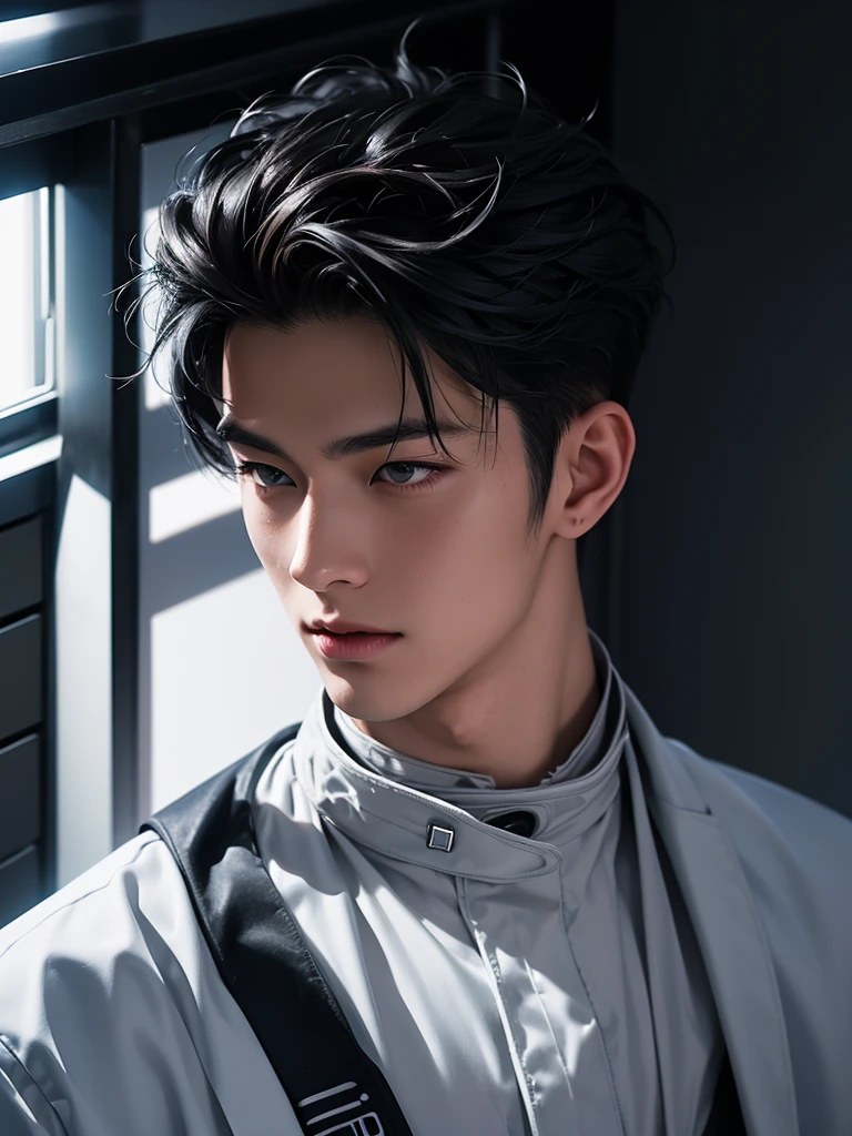 Cinematic Photo of a handsome japanese men 25-30 y.o fashion model, medium black hair. He is doctor. He is a F1 racer.He's at the racing track! Smile