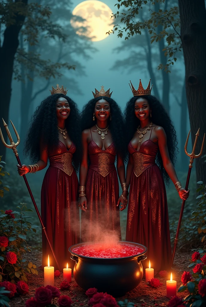  Africanas Nude, with long curls, Three women together black skin, wicked roses, walking through the forest, corona, Nude, calaveras. candles, trident, full moon, Nude cubiertas de sangre , preparing potion in a cauldron. fire , Nude,  jovial laughter, crowns, jewelry , queens, throne