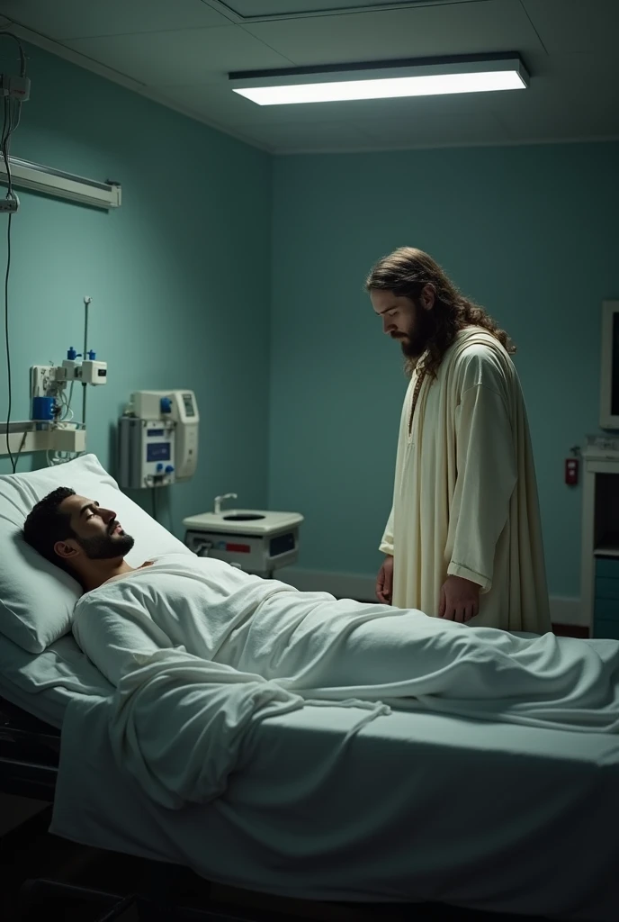 Yn dame dans un hopital qui est mort et jesus le regardes