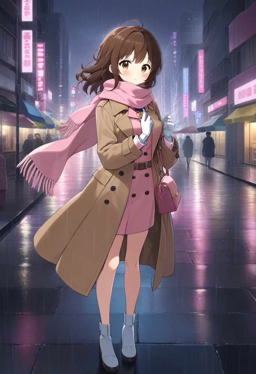 masterpiece, best quality, high resolution, anime, cute 1girl, woman with long brown hair wearing a fully bundled up closed and beige belted buckle knee-length trench coat with a tucked up large pink winter wool scarf and white gloves carrying her large pink purse blowned by the wind at the hard rainy night city street full body 8k