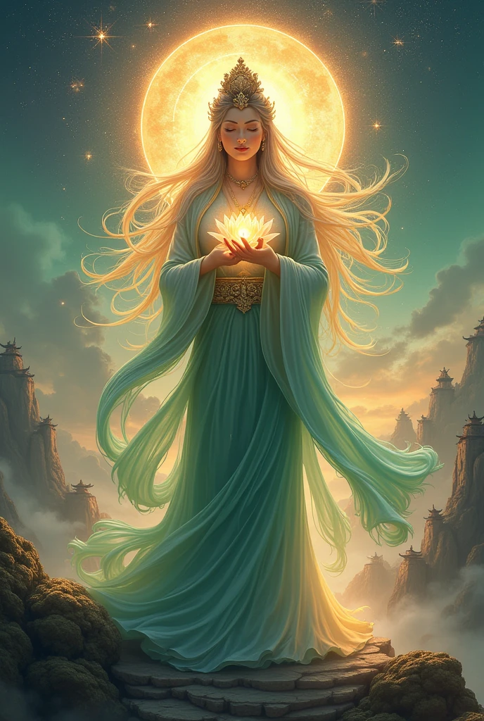 (Goddess of Cultivation:1.4), depicted in a majestic and mystical art style, (the goddess exudes an aura of serenity and wisdom, with flowing robes that shimmer like the night sky:1.4), (her hair cascades like a waterfall, with strands that glow with the essence of nature and spirit:1.2), (she holds a radiant lotus in one hand, symbolizing purity and spiritual growth:1.4), (her other hand forms a mudra, channeling the energy of the earth and heavens:1.4), (around her, a vibrant aura of qi energy swirls, manifesting in ethereal colors of green, gold, and purple:1.2), (her eyes reflect the cosmos, filled with the mysteries of cultivation and the path to enlightenment:1.2), (background features ancient temples and sacred mountains, shrouded in mist and illuminated by the light of countless stars:1.2), (perfect image quality:1.4), (intricate details in her robes and accessories, capturing the essence of her divine power:1.2), (the overall image conveys a sense of peace, power, and the infinite potential of the spiritual journey:1.2)
