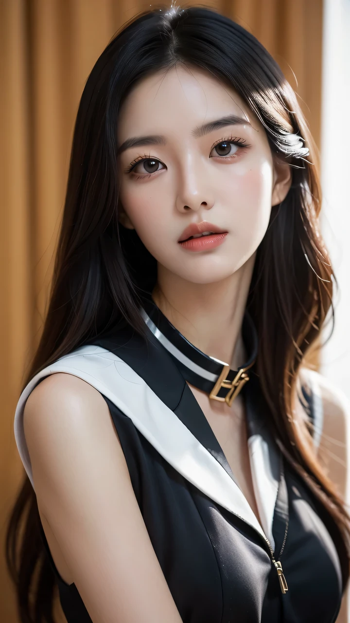 A three-quarter upper body portrait, featuring a 29-year-old poised sister with a mane of glossy black hair. She dons a stylish sailor dress, exuding a retro charm with its nautical collar and fitted silhouette. Her eyes, highlighted with a touch of mascara, are filled with a knowing look that speaks of her worldly experience. The soft, diffused lighting enhances her flawless complexion and the intricate details of her attire, while the blurred background brings focus to her commanding presence,Queen style。