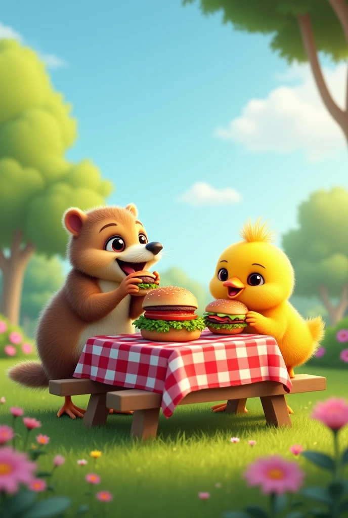 A nutria and a chick eating hamburgers and drawn as simple emojis