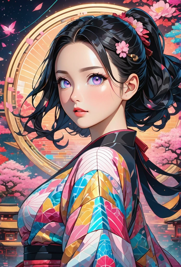 {Celestial hues, lofi, shiny aura, cute, black hair, (((pink eyes))), big pretty realistic eyes, ((Nezuko Komado)), big breasts, cleavage, sexy, submissive, highly detailed, holographic glowing motifs, geometric, perfect composition , beautiful, perfect eyes,  full lips, 96k, best quality, full shot ))) (masterpiece, top quality, best quality, official art, beautiful and aesthetic:1.2), (1girl:1.3), extremely detailed,(fractal art:1.1),(colorful:1.1),highest detailed,(zentangle:1.2), (dynamic pose), (abstract background:1.5), (gradient dress:1.2), (shiny skin), (gold metallic:1.4), arms behind back, 
