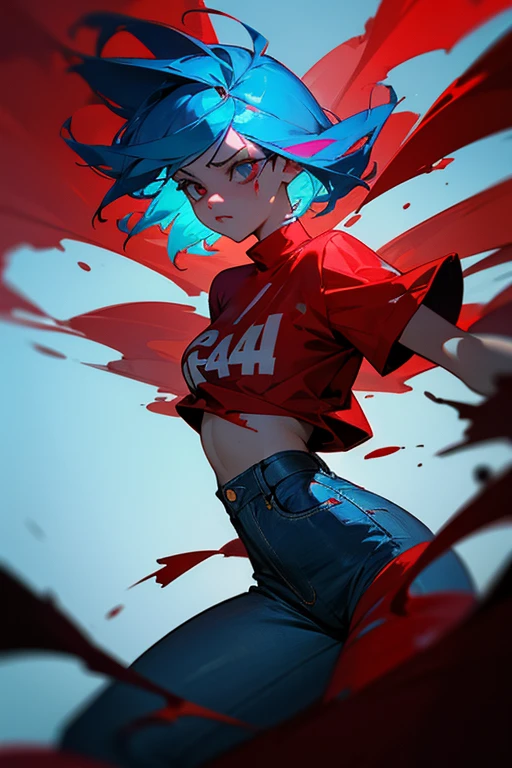 Create a dramatic and symbolic image of a 24-year-old woman with short, light blue hair, Bleeding out while wearing teenage clothing, like a t-shirt and jeans. Blood flows in a bright, surreal pattern. From the blood, A defiant red-haired figure emerges, partially formed. The scene should be partially censored to focus on the symbolic aspect without explicit details. Use cool colors for the young woman bleeding and warm colors for the emerging figure. The atmosphere must be mystical, with dramatic lighting and luminous blood.