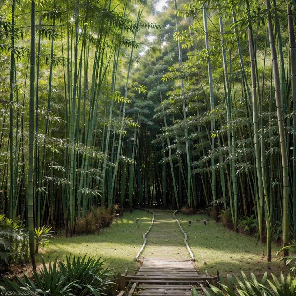 a bamboo forest, lush green bamboo trees, dense bamboo grove, sunlight filtering through the bamboo leaves, tranquil and serene atmosphere, mist rising from the ground, birds chirping in the distance, fallen bamboo leaves on the forest floor, wooden bridge crossing a stream, small pond reflecting the bamboo trees, (best quality,4k,8k,highres,masterpiece:1.2),ultra-detailed,(realistic,photorealistic,photo-realistic:1.37),highly detailed,vibrant colors,natural lighting,ethereal,serene,peaceful