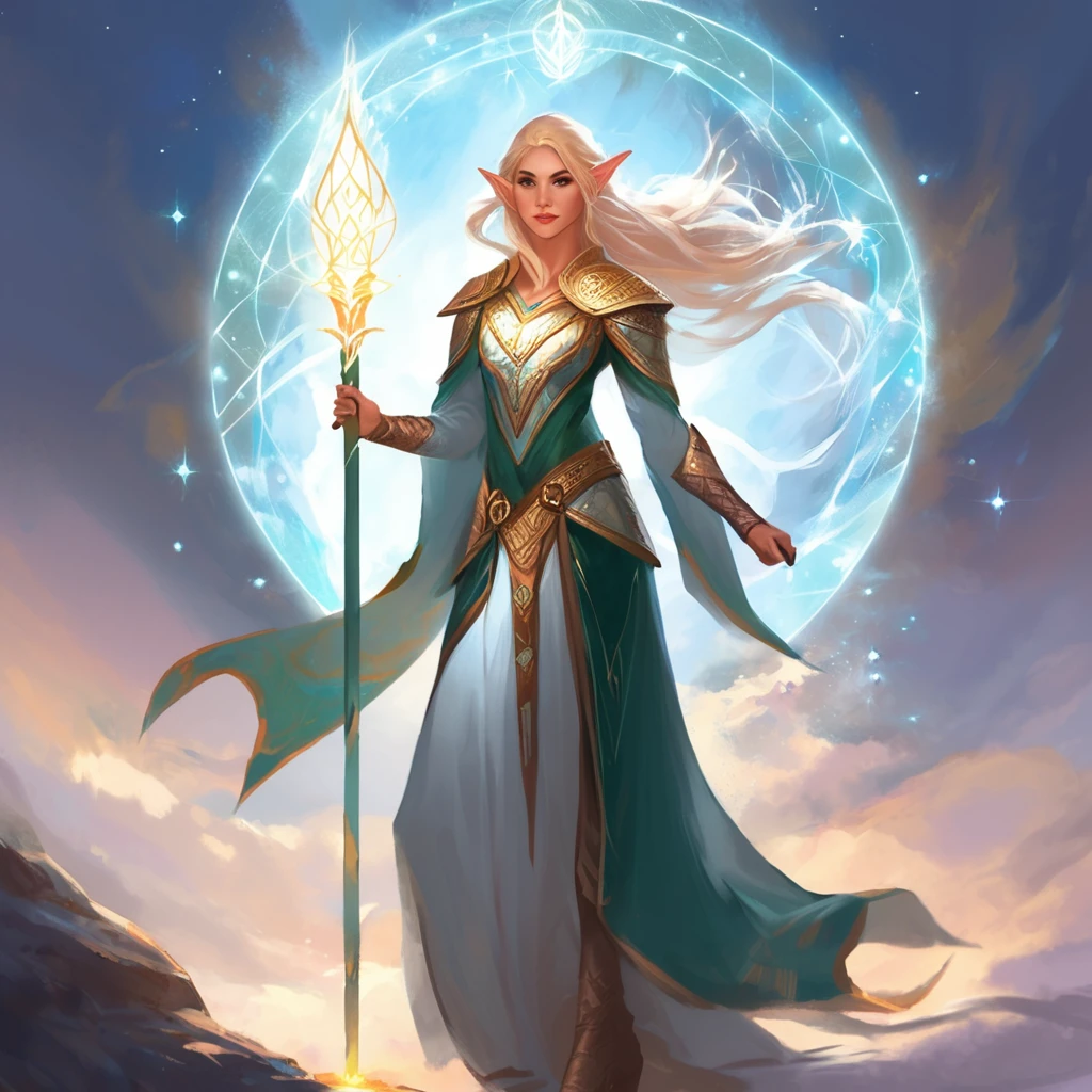 ethereal fantasy concept art of a brave elf dnd wizardess . magnificent, celestial, ethereal, painterly, epic, majestic, magical, fantasy art, cover art, dreamy, full body shot, staff in right hand, surrounded by runes of light, dynamic pose