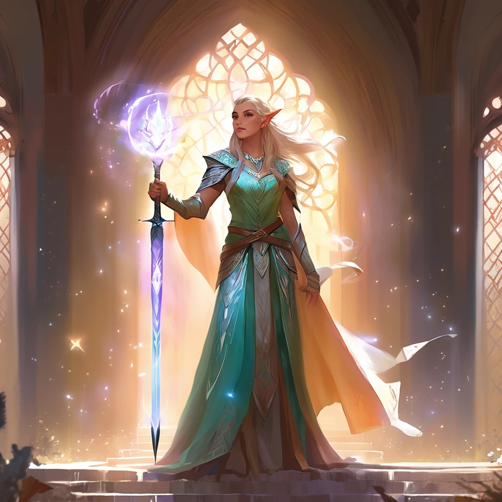 ethereal fantasy concept art of a brave elf dnd wizardess . magnificent, celestial, ethereal, painterly, epic, majestic, magical, fantasy art, cover art, dreamy, full body shot, staff in right hand, surrounded by runes of light, dynamic pose