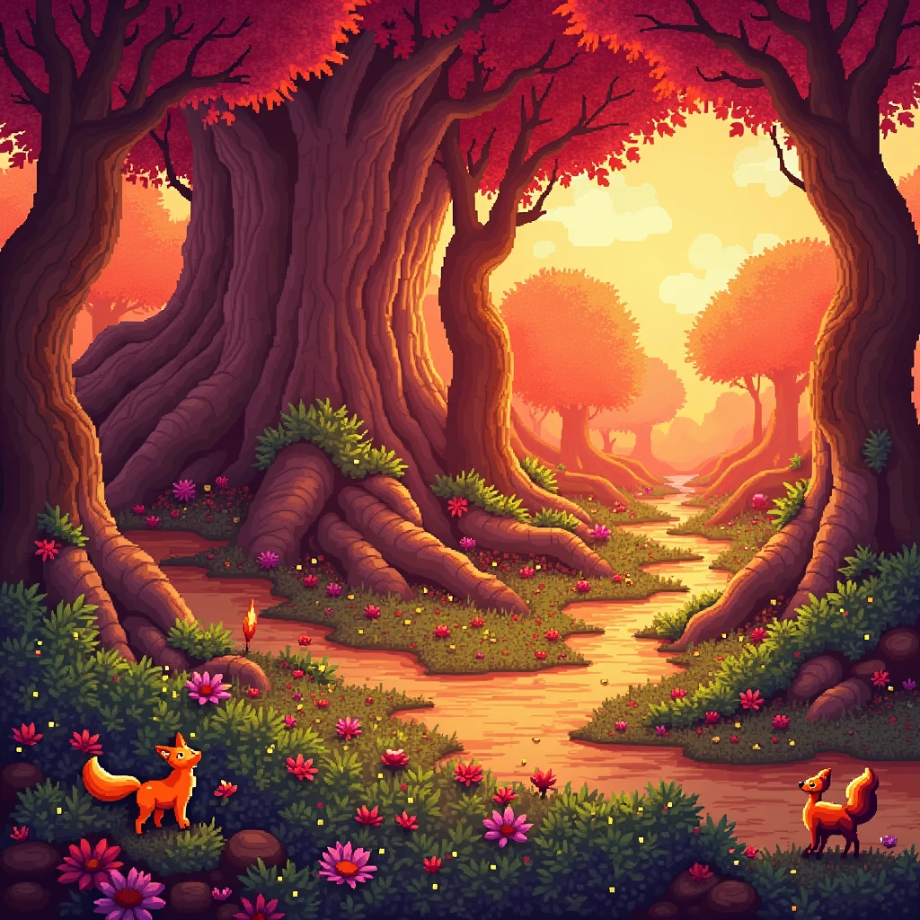 Generate for me a fantasy world landscape wallpaper composed of forests, Trees and creatures made of pixels.