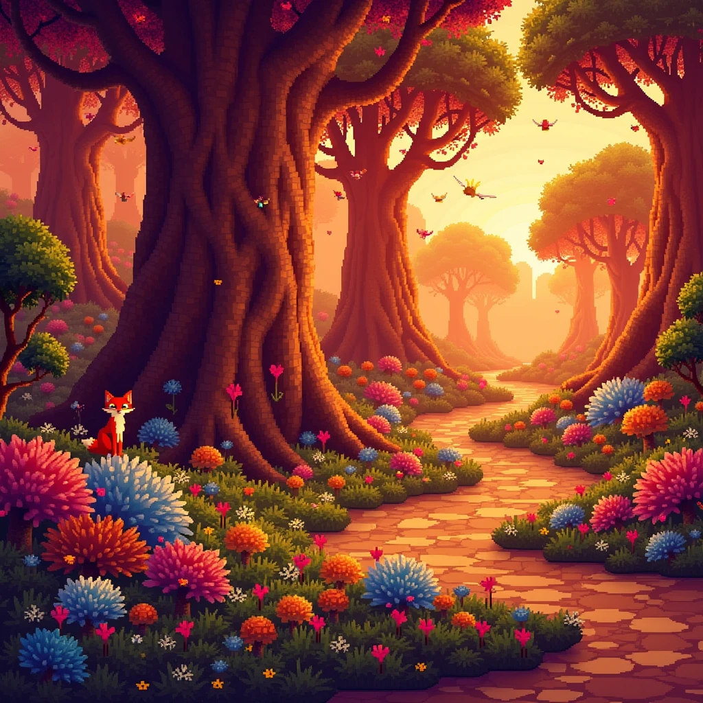 Generate for me a fantasy world landscape wallpaper composed of forests, Trees and creatures made of pixels.
