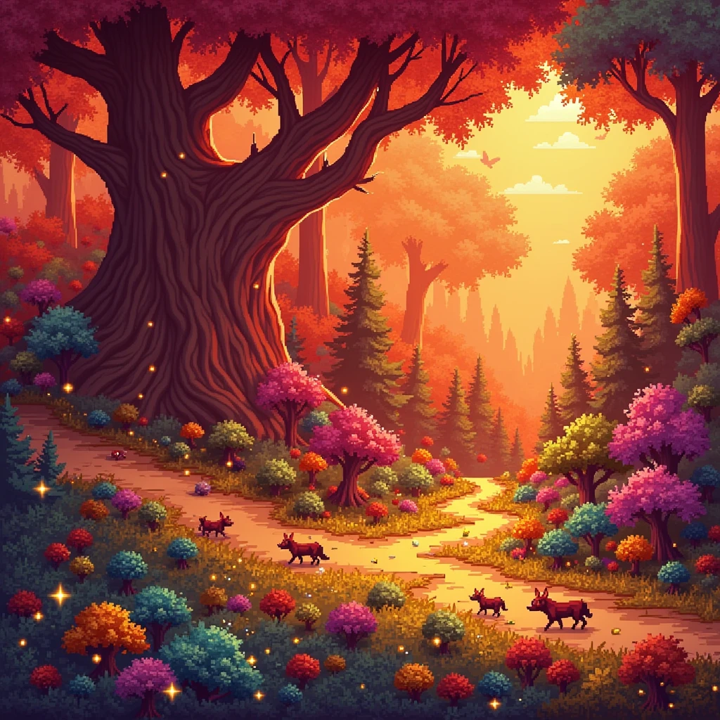 Generate for me a fantasy world landscape wallpaper composed of forests, Trees and creatures made of pixels.