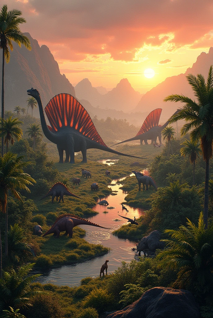 Landscape of Spinosaurus dinosaurs in the distance many dinosaurs