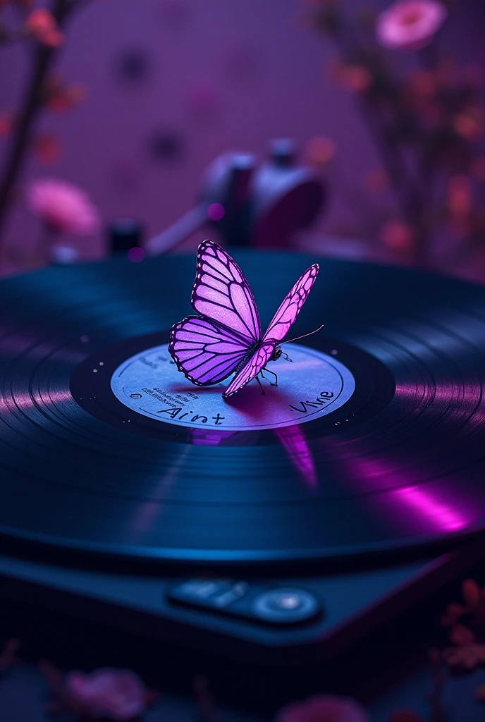 Make me a Spotify cover art for a song using A music record. Give it a black and blue neon retro vibe and make it a bit grainy please include the song title Ain't Mine also put a purple butterfly on the music record and make the atmosphere purple include the title "Ain't mine" on the record
