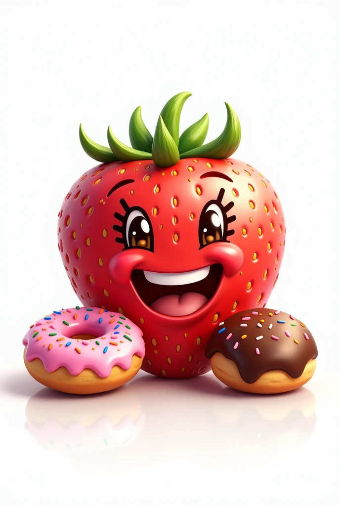 A happy smiling strawberry with a pink smiling donut and a cute smiling chocolate candy in the background on a completely white background. 
